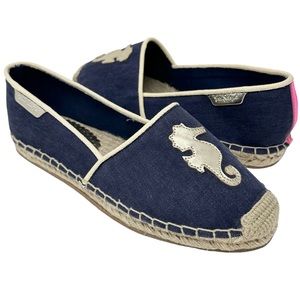 Lilly Pulitzer Lia Seahorse Espadrilles Flat Shoes Blue Gold Womens Size 8